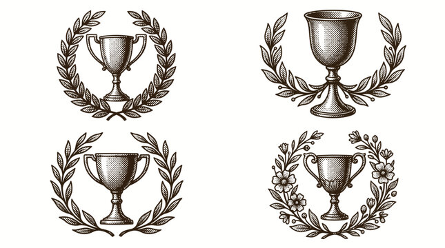 Vintage hand drawn trophy cup collection with floral wreaths.