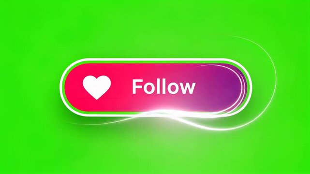 Colorful follow button with heart icon glowing on vibrant green background for social media and online engagement