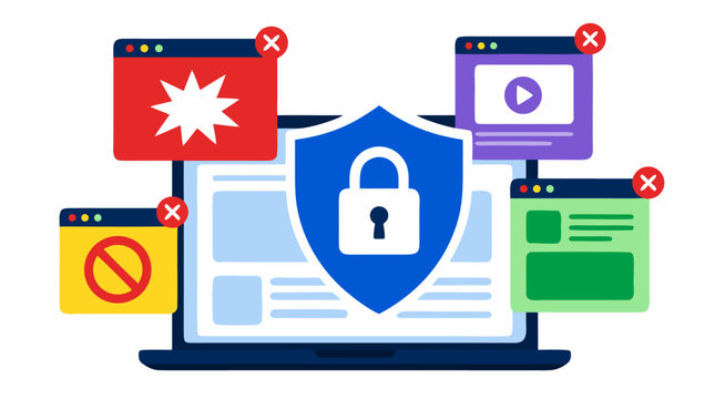 Shield with padlock blocking pop-up windows, ad banners, and notification alerts on laptop, flat vector cybersecurity and ad blocker interface illustration