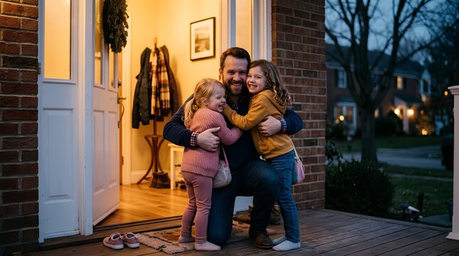 Happy father hugging his two smiling young daughters at the illuminated front door of a brick home at dusk, warm cozy interior, suburban street with slippers on the porch