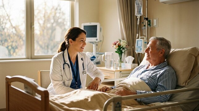 Caring female doctor in white coat consulting elderly male patient in sunlit hospital room, holding hand at bedside with medical equipment, flowers, warm natural light streaming through window