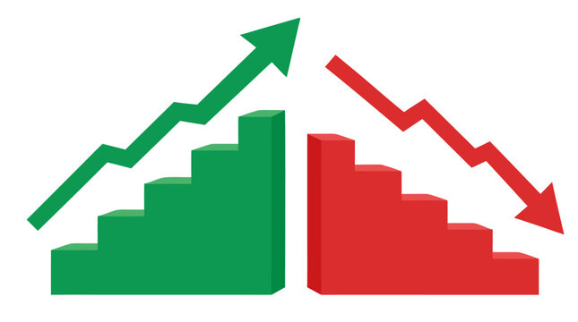 Green ascending arrow climbing staircase steps beside red descending arrow showing downward decline, flat design vector illustration on white background for business growth and recession concepts