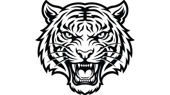 Fierce tiger head vector illustration showing aggressive expression with sharp teeth and bold black lines