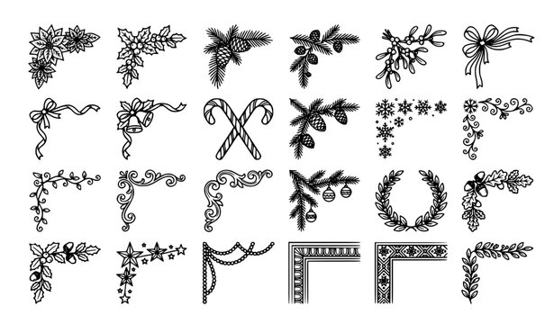 Festive Holiday Corner Border Ornaments Line Art Vector Collection