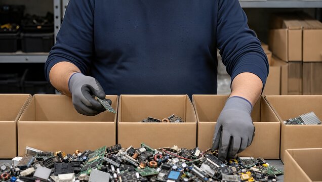 Recycling electronics worker sorting computer components for reuse and refurbishment