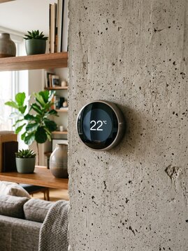 Smart Thermostat Displaying 22 Degrees Celsius on a Textured Concrete Wall
