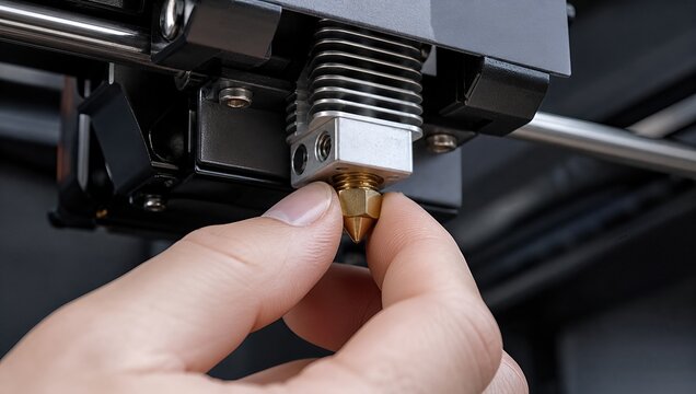Close-up of a person maintaining and adjusting the hotend nozzle of a modern 3D printer in a workshop