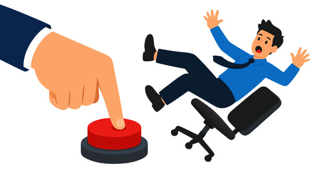 Large hand pressing red button while panicked office worker falls backward off rolling chair, bold flat colors, vector illustration, business termination concept