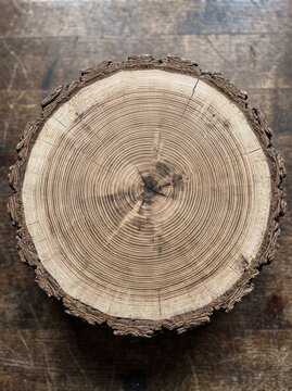 Cross section of a tree trunk showing growth rings and bark texture