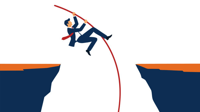 Businessman in suit pole vaulting over a cliff gap, bold flat color vector illustration on clean white background, metaphor for overcoming obstacles and career success