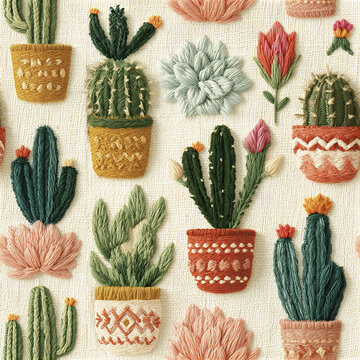 Embroidery pattern with colorful cactus and succulent plants in decorative pots creating whimsical nursery design