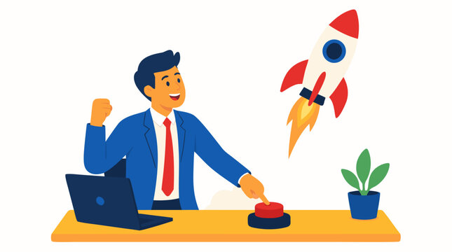 Businessman launching rocket from desk button symbolizing startup success innovation growth ambition and entrepreneurial venture concept flat vector illustration