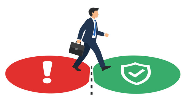 Businessman carrying briefcase walking from red danger zone with warning exclamation across dashed line into green safe zone with checkmark shield, flat design risk to safety transition concept