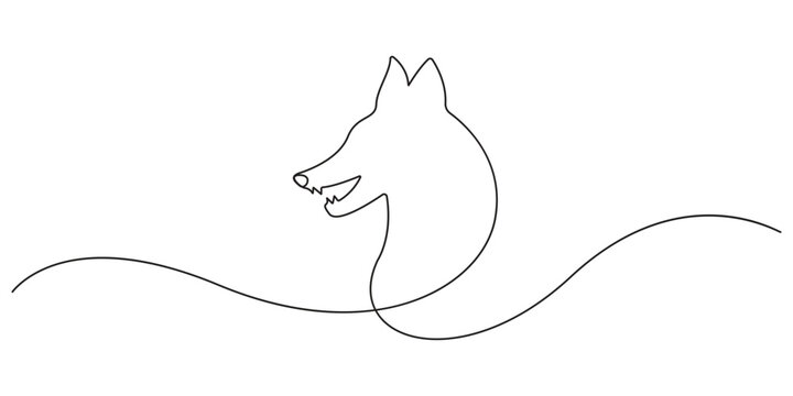Wolf head continuous line art vector illustration for wild animal and mascot branding. Minimalist continuous line drawing of a wolf head profile for mascot, wildlife, and security logos.