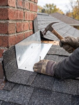 Roofer installing metal flashing around chimney with hammer and nails