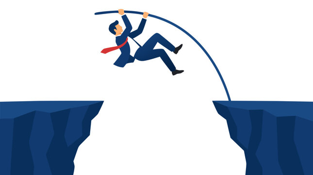 Businessman in navy suit pole vaulting over a cliff gap, bold flat vector illustration on solid white background, courage and risk concept