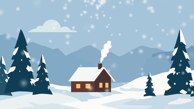Beautiful animated winter landscape featuring a cozy cabin in the snow with pine trees and falling snow