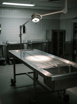 Autopsy table with sink and overhead surgical lamp in a sterile room