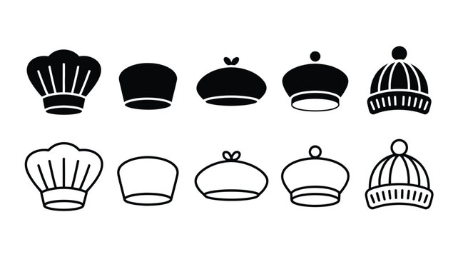 Hats and headwear vector icon set featuring chef toque pillbox beret pompom beanie and baker cap in solid and outline styles