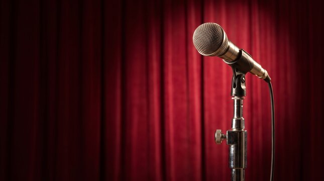Professional Vocal Microphone on a Stand Against a Red Velvet Theater Curtain Backdrop for Performance and Public Speaking