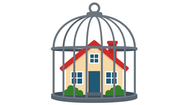 Small house trapped inside gray metal birdcage, bold flat colors illustration of confinement, real estate imprisonment, mortgage trap, housing crisis concept on isolated white background
