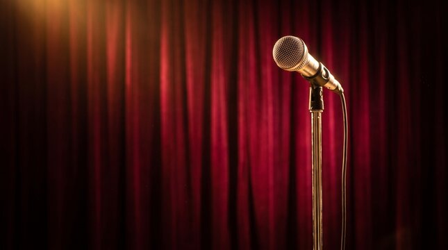 Professional Microphone on a Stand Set Against Elegant Red Velvet Curtains with a Spotlight for Stage Performance Events