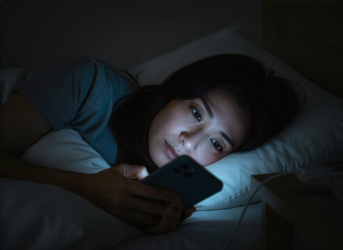 寝室のベッドの上でスマートフォンの画面を見つめる女性１