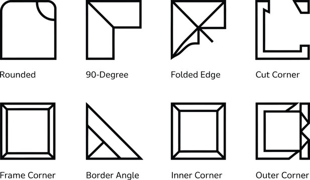 Border and corner types vector icon set featuring rounded, 90-degree, folded edge, cut corner, frame corner, border angle, inner corner, and outer corner styles isolated on white background