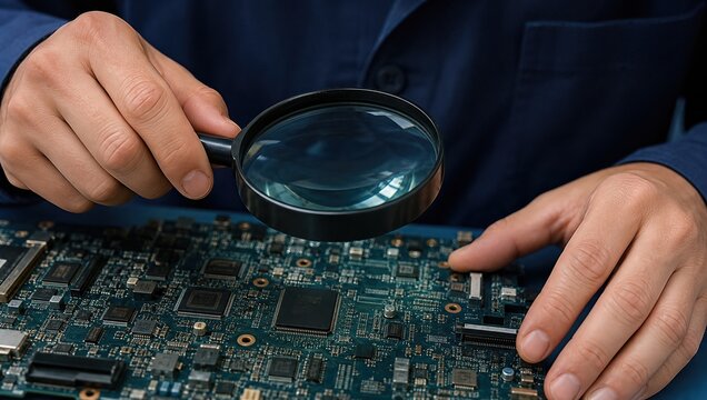 Technician using a magnifying glass to inspect electronic circuit board for hardware repair and quality control