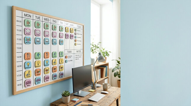 Large weekly planner board with icon magnets mounted above home office desk setup