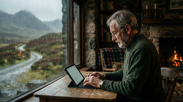Senior man typing on tablet keyboard by rainy window in cozy rustic stone cabin