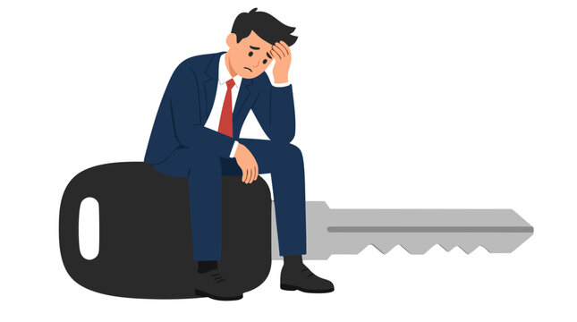 Stressed businessman in suit sitting on oversized car key, looking worried with hand on forehead, flat cartoon vector illustration isolated on white background for automotive finance concepts