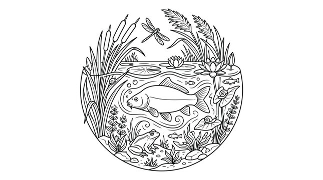 Modern Black and White Aquatic Ecosystem Featuring Frogs Fish Dragonflies Plants and Pond Life with high quality professional line art symbols for modern creative design and digital branding projects
