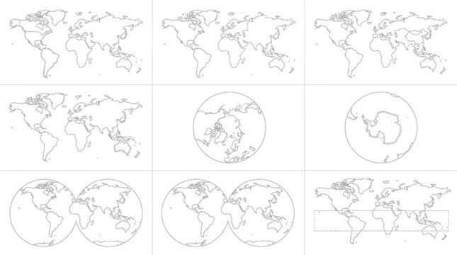Set of world map outlines and globe projections in simple line art style.