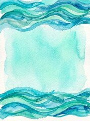 Abstract watercolor painting of blue and green ocean waves with a light turquoise center