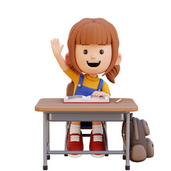 3D Cartoon Girl Character Raising Hand Active Classroom Participation Concept