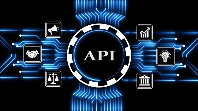 Application programming interface with business icons on circuit board, digital animation.