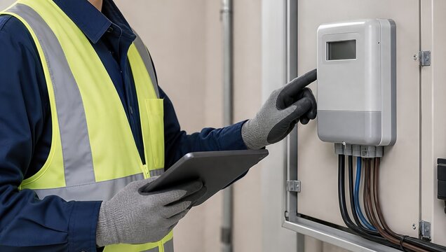 Electrician in high visibility vest inspecting and configuring electrical control panel with digital display while holding tablet computer