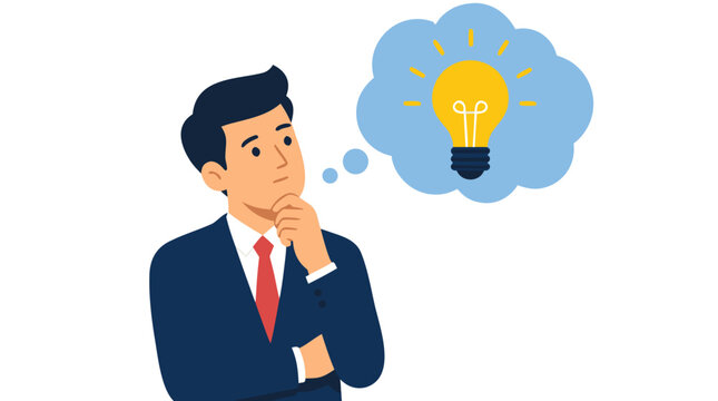 Businessman in suit thinking with glowing lightbulb in thought bubble, innovative problem solving and creative idea concept vector illustration