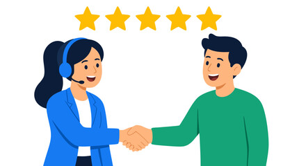 Obraz premium Female customer support representative with headset shaking hands with smiling male client, five golden stars floating above, bold flat color vector illustration of satisfaction and success