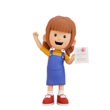 3D Cartoon Girl Happy with Good Score Achievement Concept