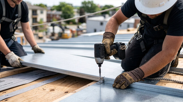 Roofing installers fastening metal sheets on building rooftop, showcasing teamwork and precision