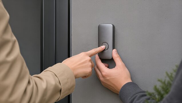 Close up of a person pressing a modern smart doorbell button for home security and access control