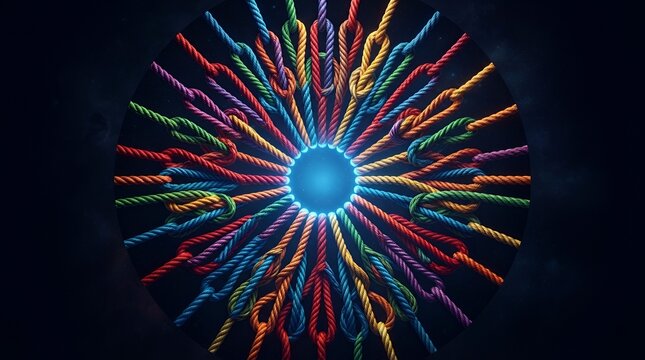 A circular mandala pattern composed of colorful braided ropes arranged in a radial symmetry on a dark background, with a central, light source