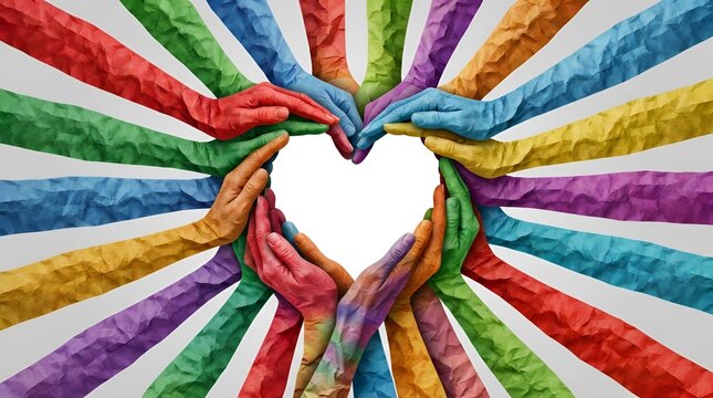 A circular arrangement of many colorful paper hands reaching towards the center to form a heart shape, representing unity and community spirit