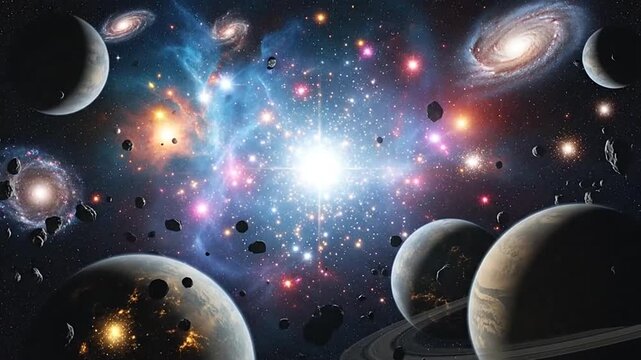 A vibrant deep space scene featuring multiple planets and a bright central star cluster