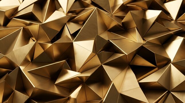 A detailed close up of a geometric abstract surface made of many sharp golden triangular facets creating a metallic and industrial texture pattern