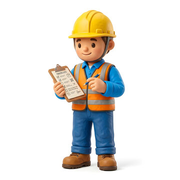 Professional 3D safety inspector holding a clipboard and inspection checklist, isolated on white background for workplace safety, auditing and quality control concepts.
