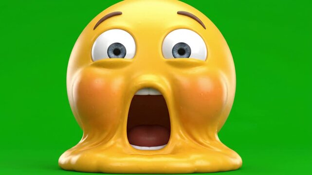 3D Melting Emoji Blushing and Dissolving on Green Screen. 4K Video