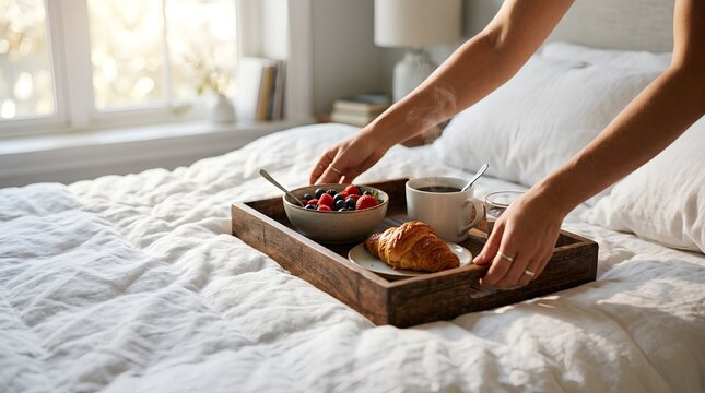 Hands placing wooden breakfast tray with berry bowl, fresh croissant and steaming coffee cup on cozy white bed in morning sunlight